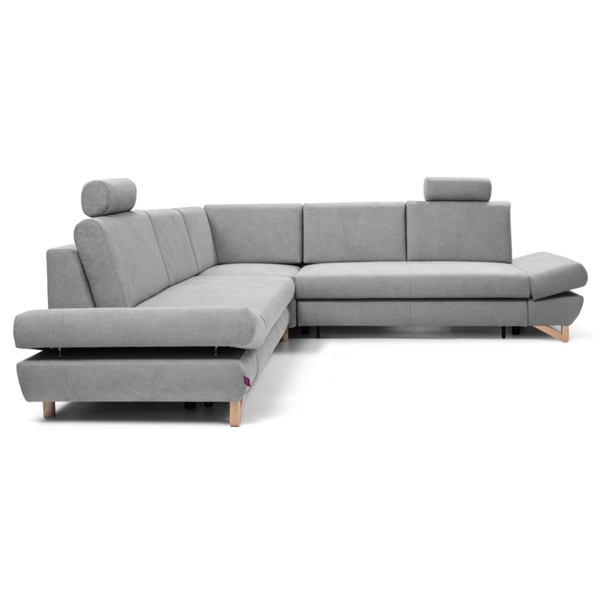 L-shaped upholstered folding corner lounge suite with a storage space AVESTA right grey