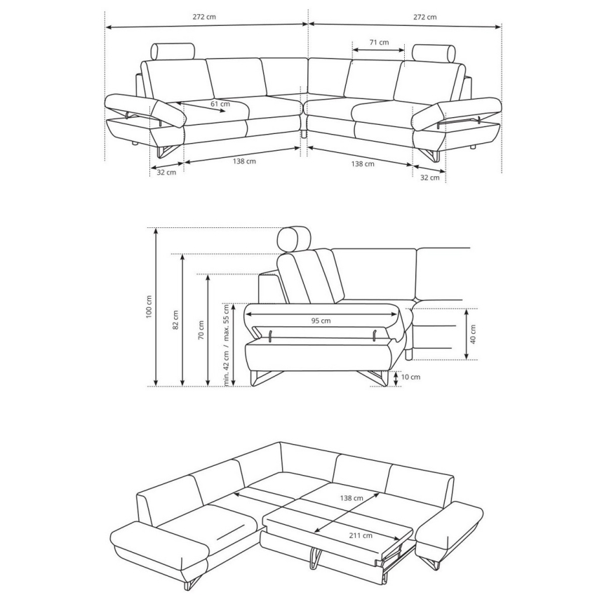 L-shaped upholstered folding corner lounge suite with a storage space AVESTA right grey