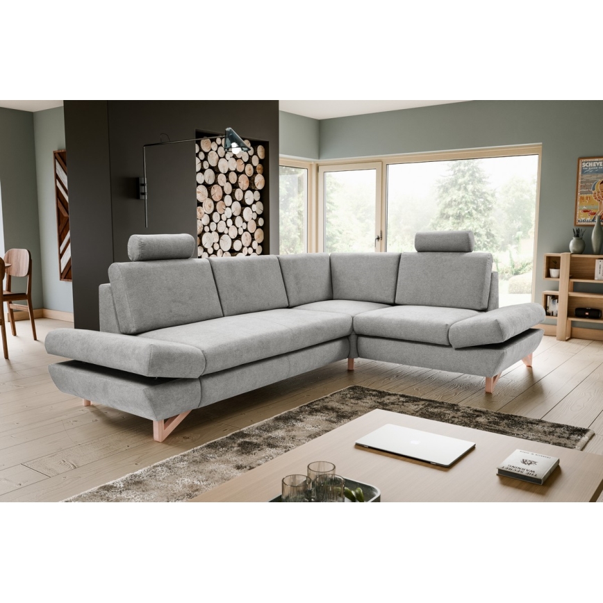 L-shaped upholstered folding corner lounge suite with a storage space AVESTA right grey