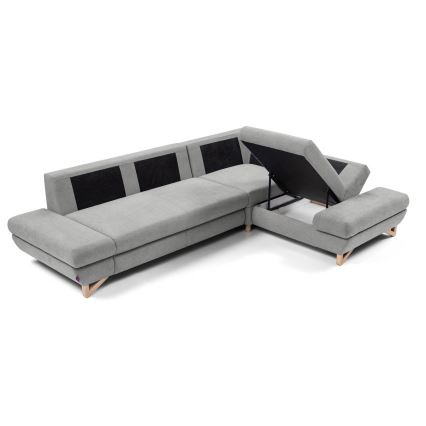 L-shaped upholstered folding corner lounge suite with a storage space AVESTA right grey
