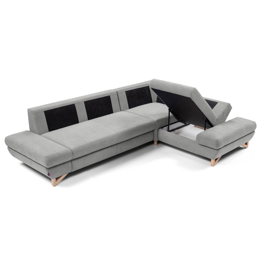 L-shaped upholstered folding corner lounge suite with a storage space AVESTA right grey
