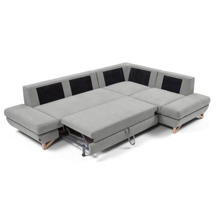 L-shaped upholstered folding corner lounge suite with a storage space AVESTA right grey