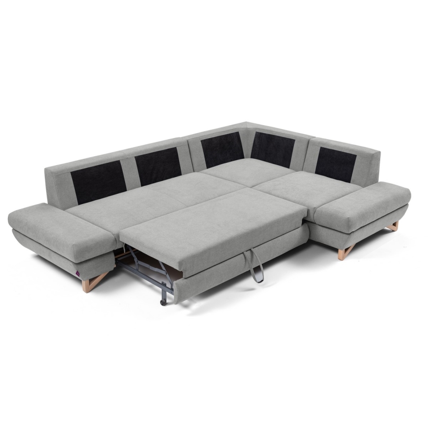 L-shaped upholstered folding corner lounge suite with a storage space AVESTA right grey