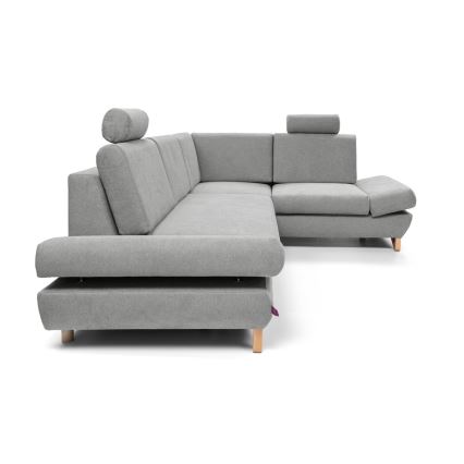 L-shaped upholstered folding corner lounge suite with a storage space AVESTA right grey