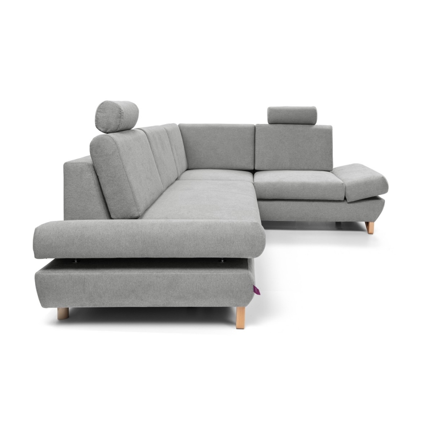 L-shaped upholstered folding corner lounge suite with a storage space AVESTA right grey