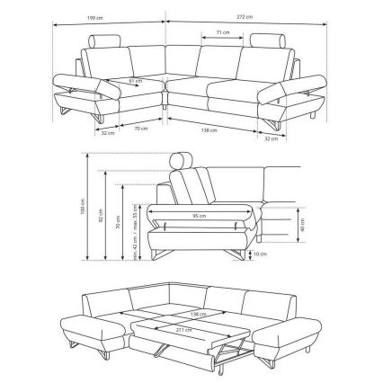 L-shaped upholstered folding corner lounge suite with a storage space AVESTA right grey