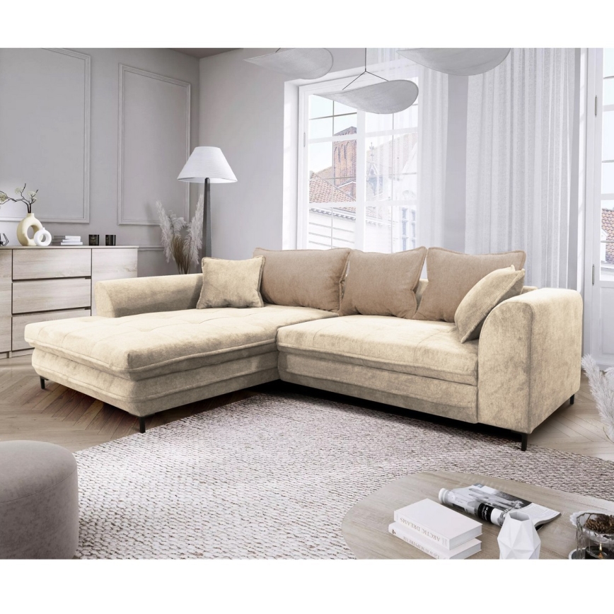 LAGOA Left-Facing L-Shaped Corner Sofa Bed with Storage, Beige/Brown