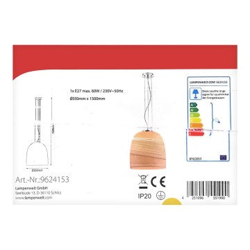 Lampenwelt - Chandelier on a string 1xE27/60W/230V