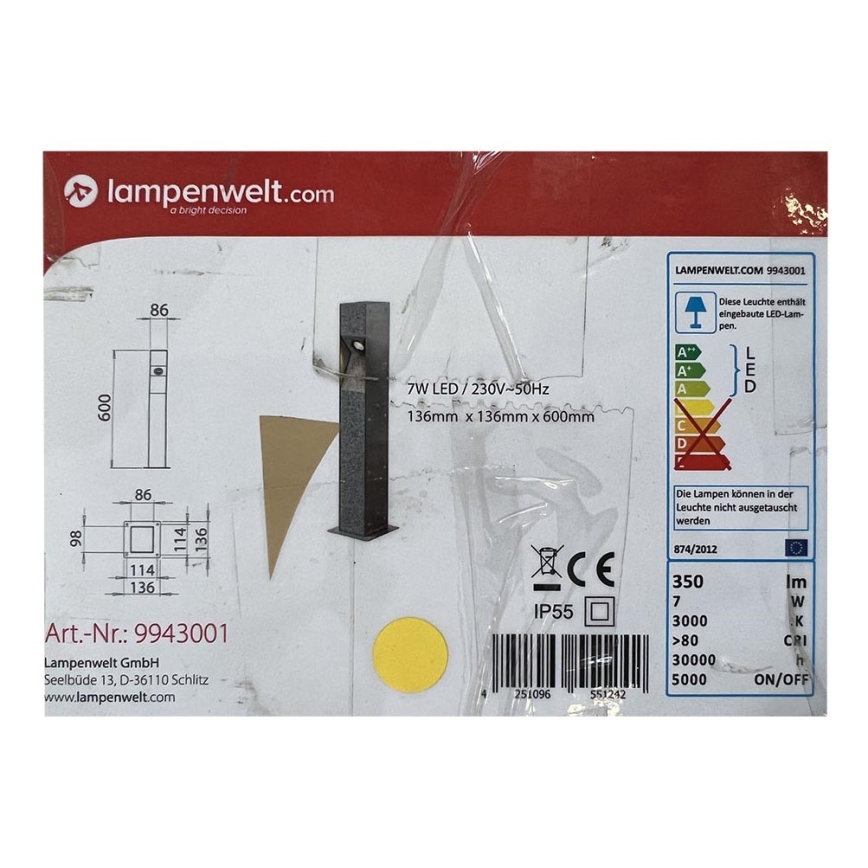 Lampenwelt - LED Outdoor column light AMELIA LED/7W/230V IP55