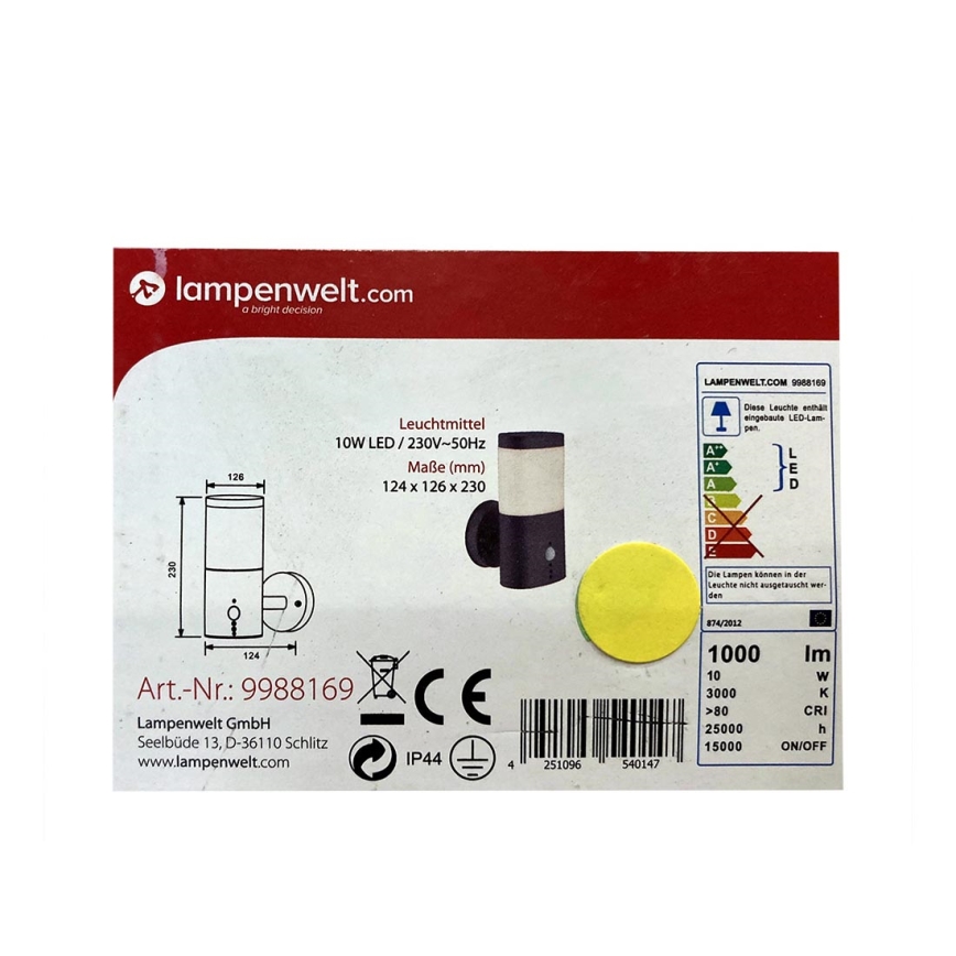 Lampenwelt - LED Outdoor light with sensor LED/10W/230V IP44