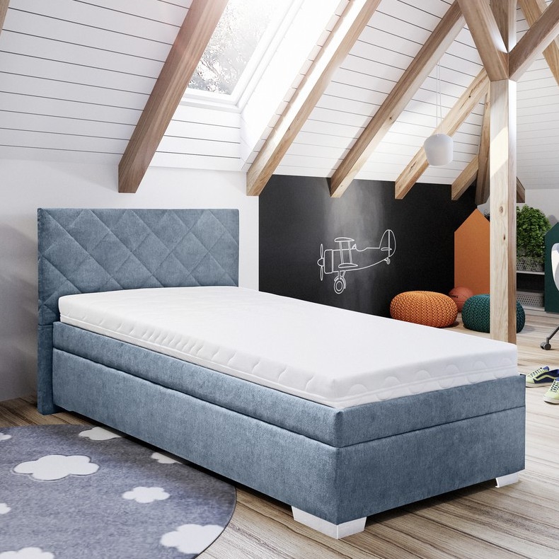 LANA Upholstered Bed with Storage and Included Mattress, 90×200 cm — Blue