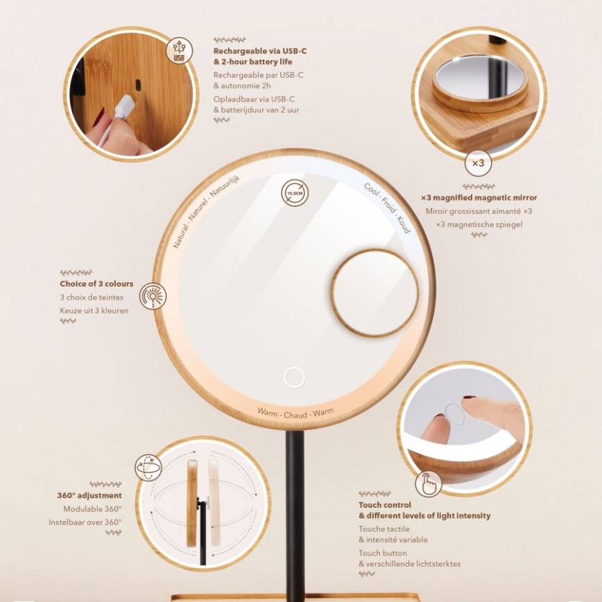 Lanaform - Dimmable LED-Illuminated Bamboo Cosmetic Mirror, 5V USB