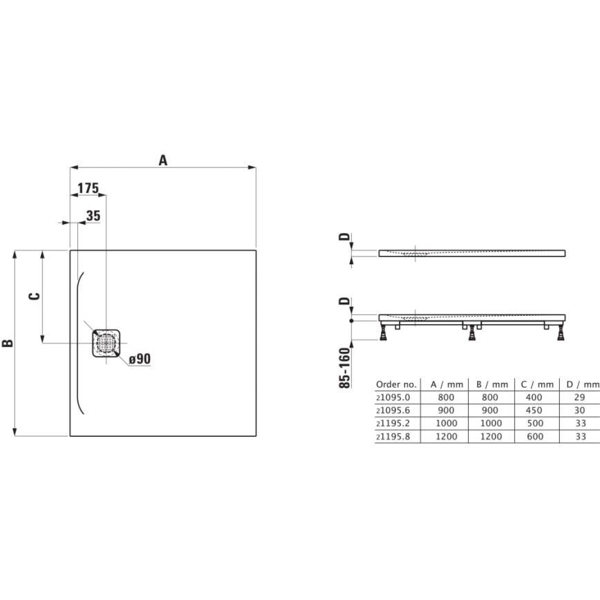 LAUFEN H2109560000001 - PRO Square Shower Tray 90x90 cm marbond/white