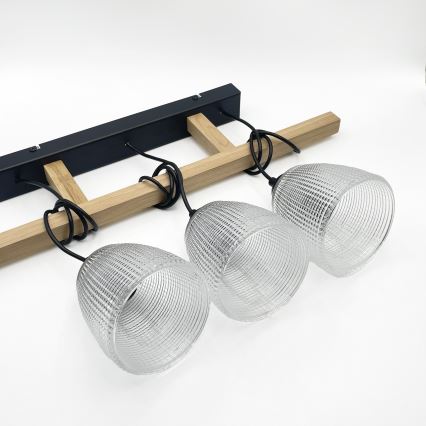 LEANDRA cable pendant light, 3× E27 / 15W / 230V, oak/black