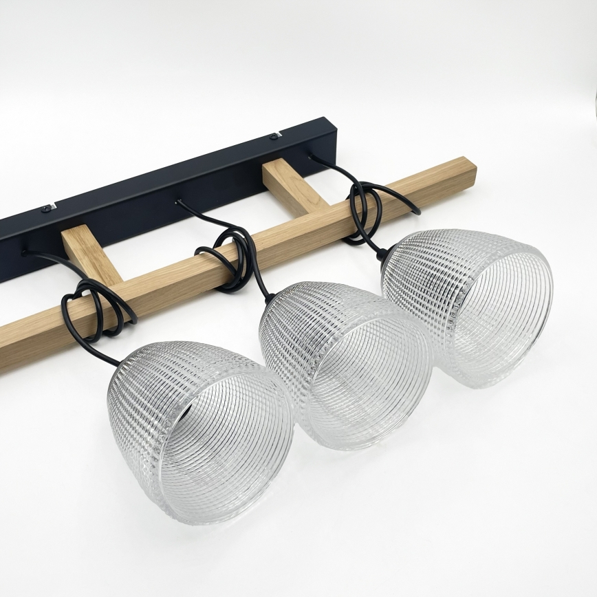 LEANDRA cable pendant light, 3× E27 / 15W / 230V, oak/black