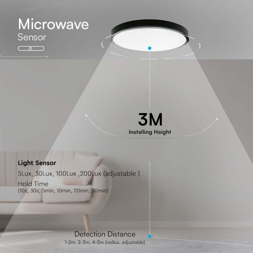 LED Bathroom ceiling light with sensor LED/18W/230V 4000K IP44 black + remote control