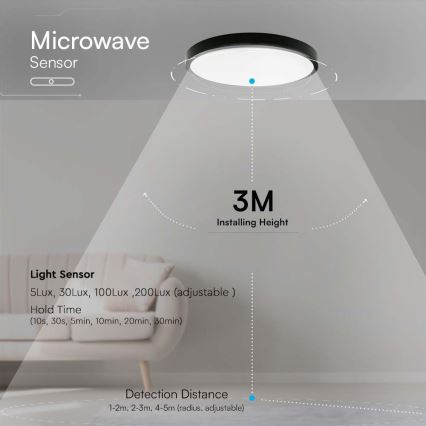 LED Bathroom ceiling light with sensor LED/36W/230V 4000K IP44 black + remote control