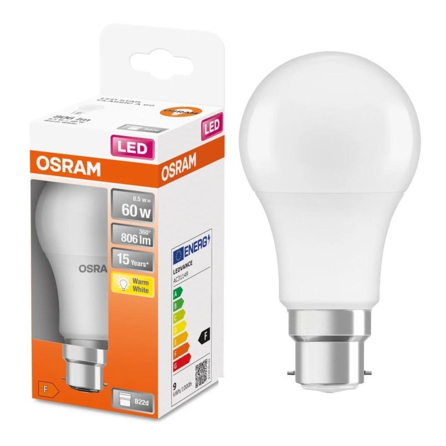 LED Bulb A60 B22d/8,5W/230V 2700K - Osram