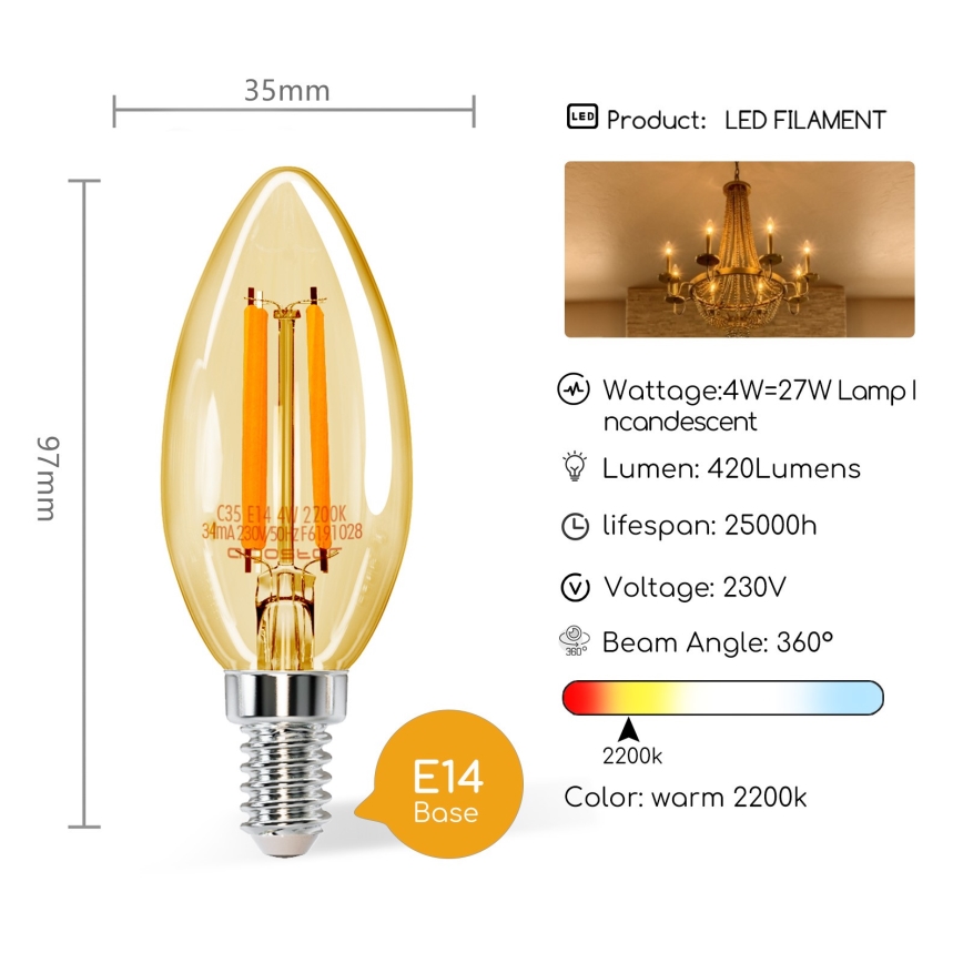 LED bulb C35 E14/4W/230V 2200K - Aigostar