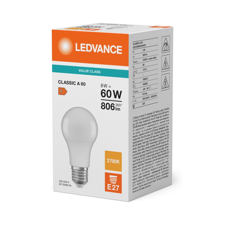 LED Bulb CLASSIC A60 E27/8W/230V 2700K - Ledvance