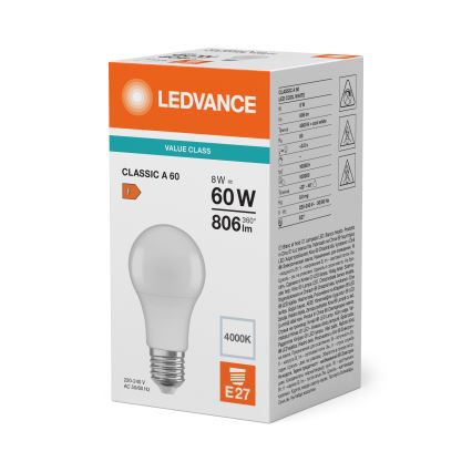 LED Bulb CLASSIC A60 E27/8W/230V 4000K - Ledvance