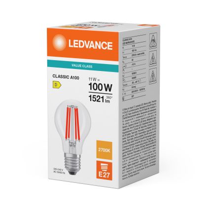 LED Bulb CLASSIC FILAMENT A60 E27/11W/230V 2700K - Ledvance