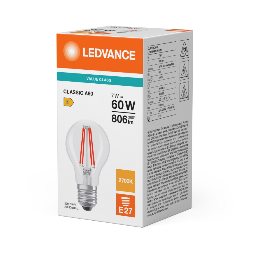 LED Bulb CLASSIC FILAMENT A60 E27/7W/230V 2700K - Ledvance