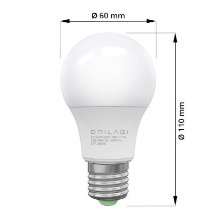 LED Bulb ECOLINE A60 E27/10W/230V 4,000K - Brilagi
