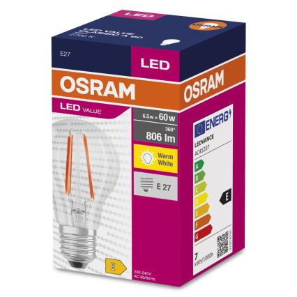 LED Bulb FILAMENT A60 E27/6,5W/230V 2700K - Osram