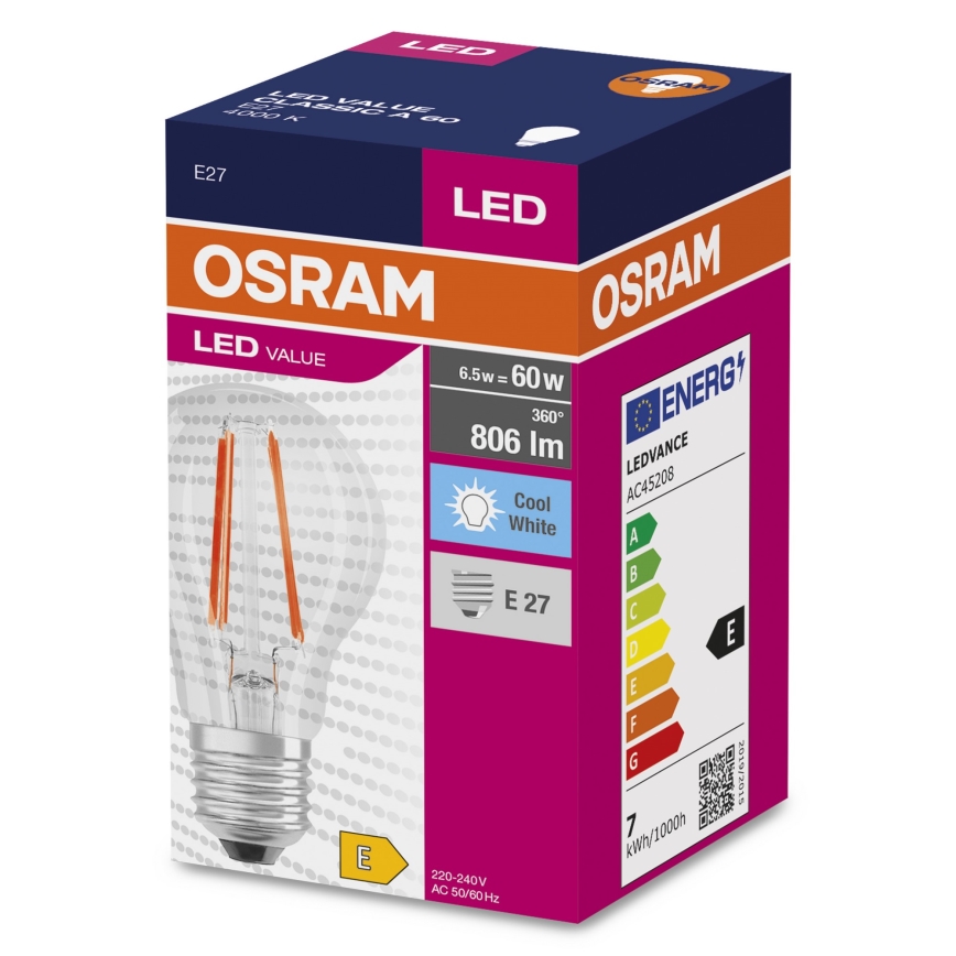 LED Bulb FILAMENT A60 E27/6,5W/230V 4000K - Osram