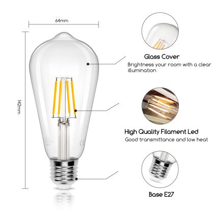 LED Bulb FILAMENT ST64 E27/6W/230V 2700K - Aigostar