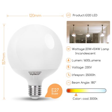 LED Bulb G120 E27/20W/230V 3000K - Aigostar