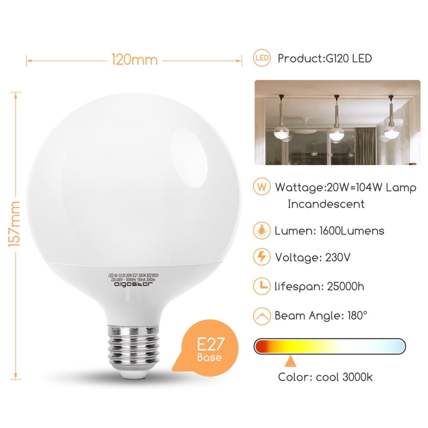 LED Bulb G120 E27/20W/230V 3000K - Aigostar