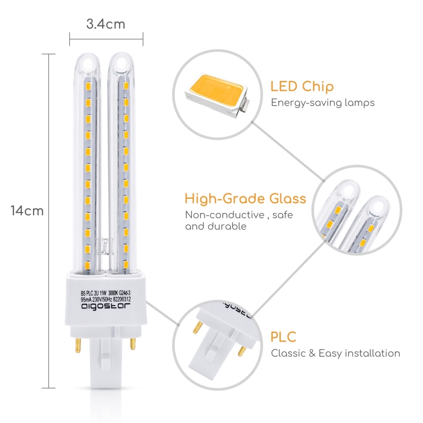 LED Bulb G24D-3/11W/230V 3000K - Aigostar