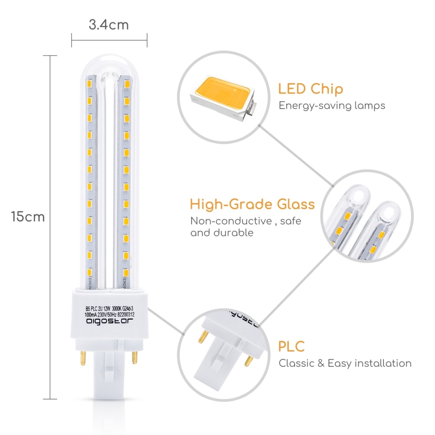 LED bulb G24D-3/12W/230V 3000K - Aigostar