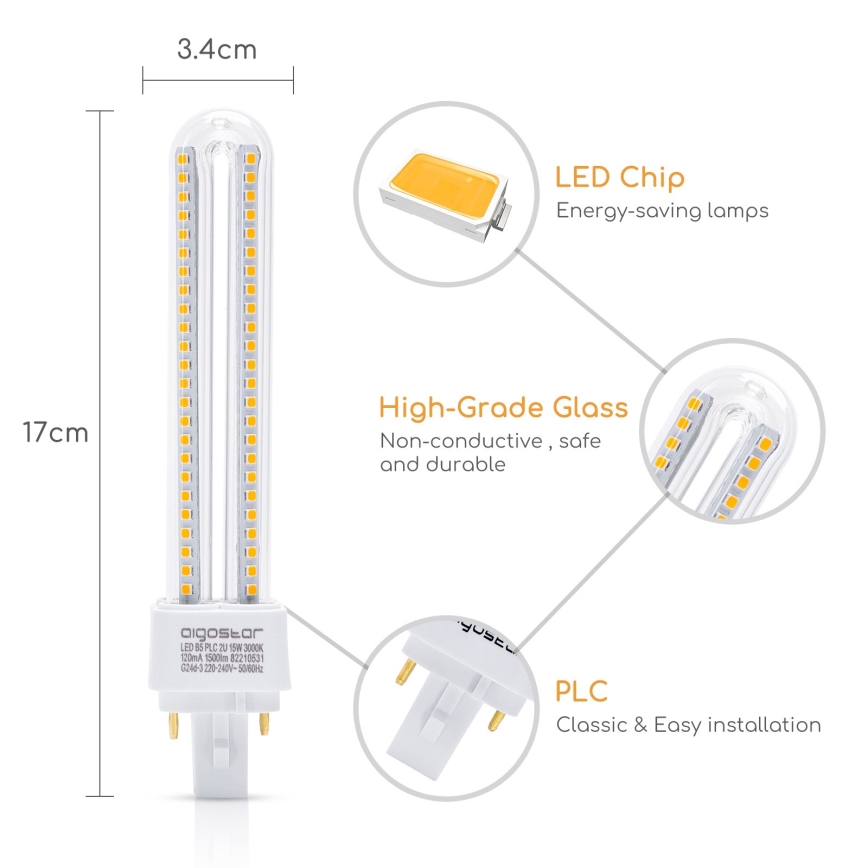 LED Bulb G24D-3/15W/230V 3000K - Aigostar