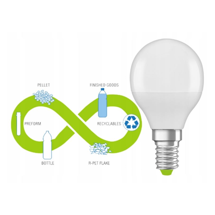 LED Bulb made of recycled plastic P45 E14/4,9W/230V 2700K - Ledvance