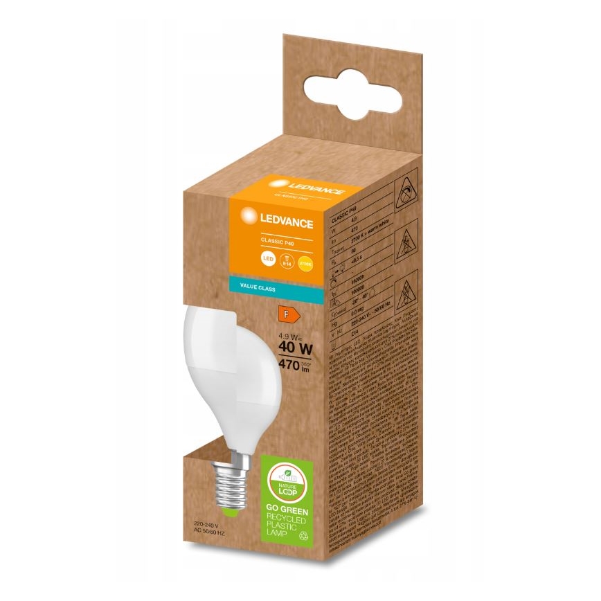 LED Bulb made of recycled plastic P45 E14/4,9W/230V 2700K - Ledvance