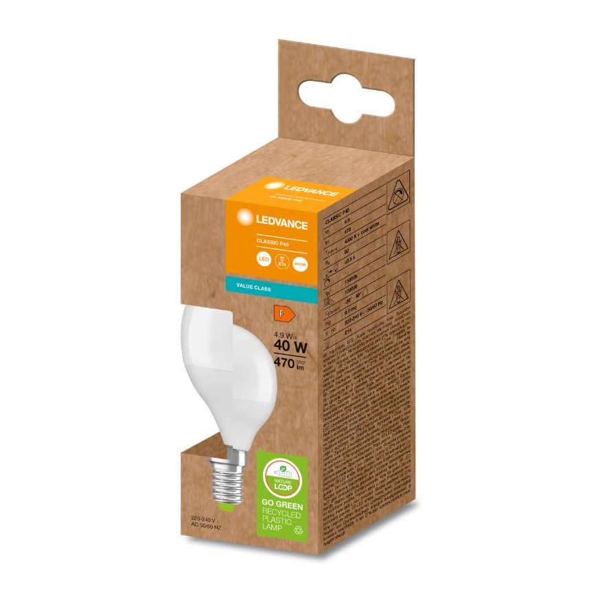 LED Bulb made of recycled plastic P45 E14/4,9W/230V 4000K - Ledvance