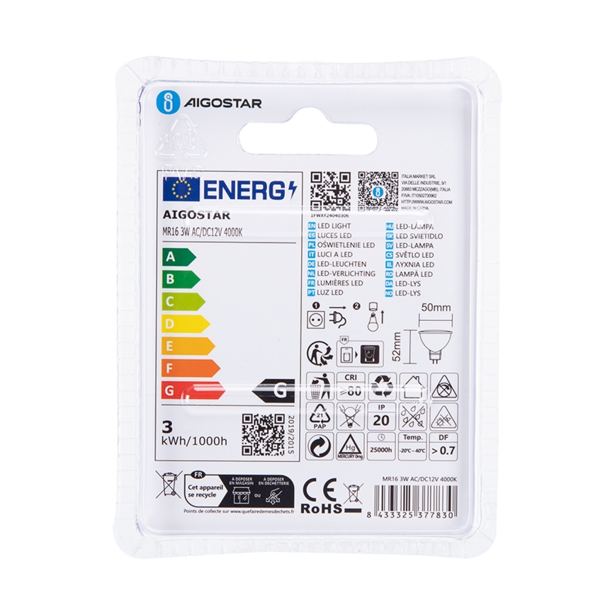 LED Bulb MR16 GU5,3/3W/12V 4000K - Aigostar