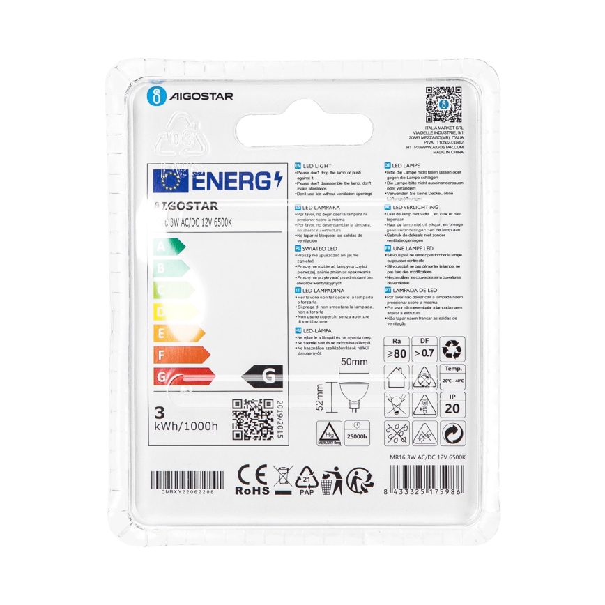 LED Bulb MR16 GU5,3/3W/12V 6500K - Aigostar