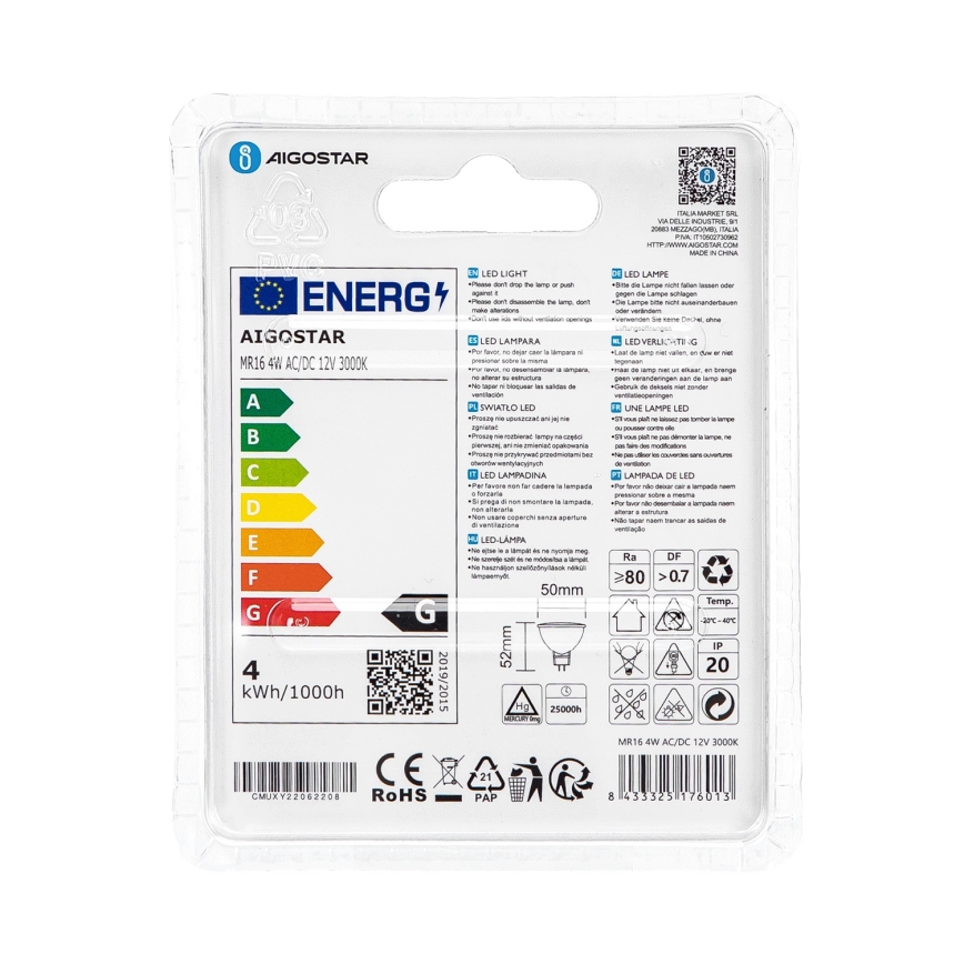 LED Bulb MR16 GU5,3/4W/12V 3000K - Aigostar