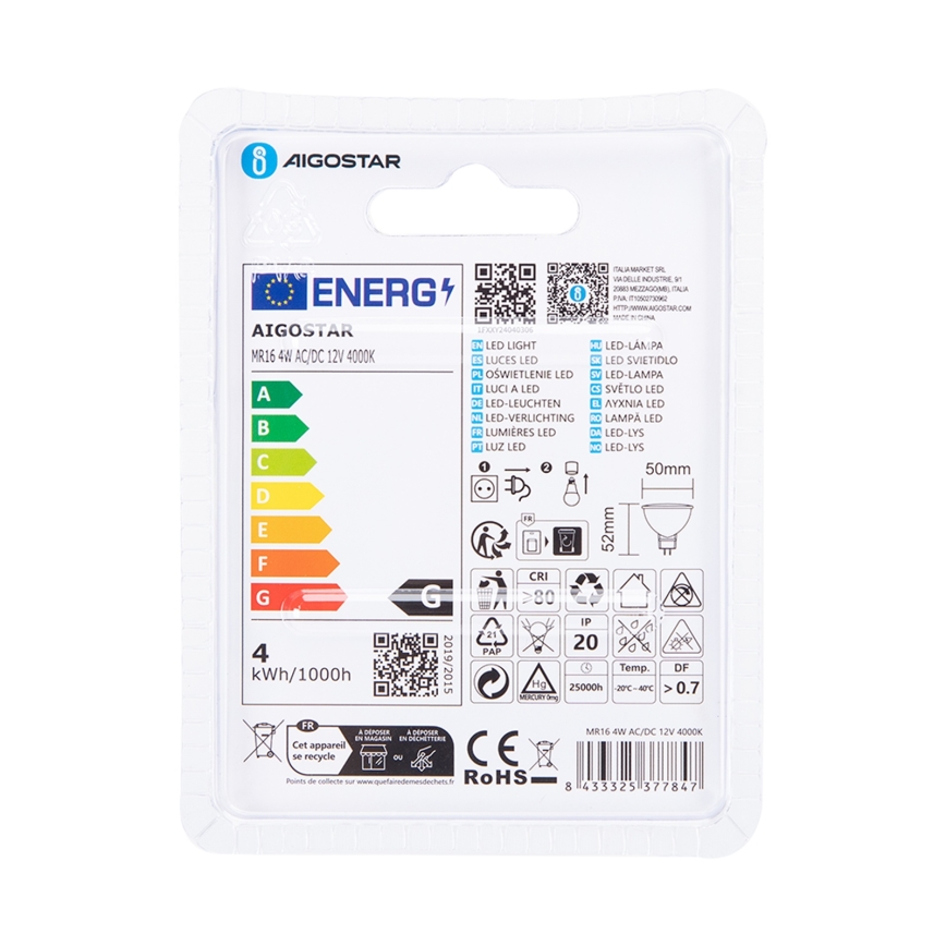 LED Bulb MR16 GU5,3/4W/12V 4000K - Aigostar