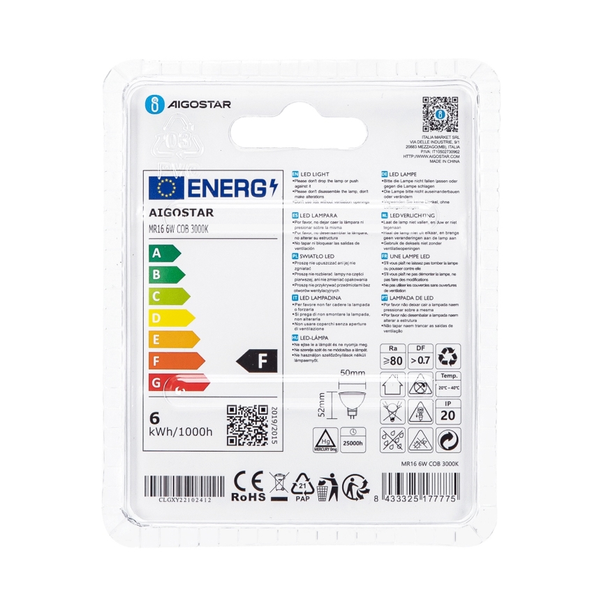 LED Bulb MR16 GU5,3/6W/12V 3000K - Aigostar