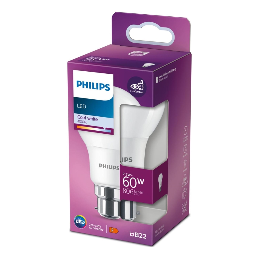 LED Bulb Philips A60 B22/7,5W/230V 4000K