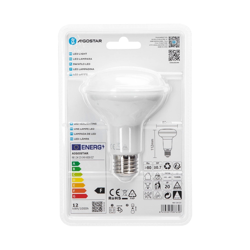 LED Bulb R80 E27/12W/230V 6500K - Aigostar