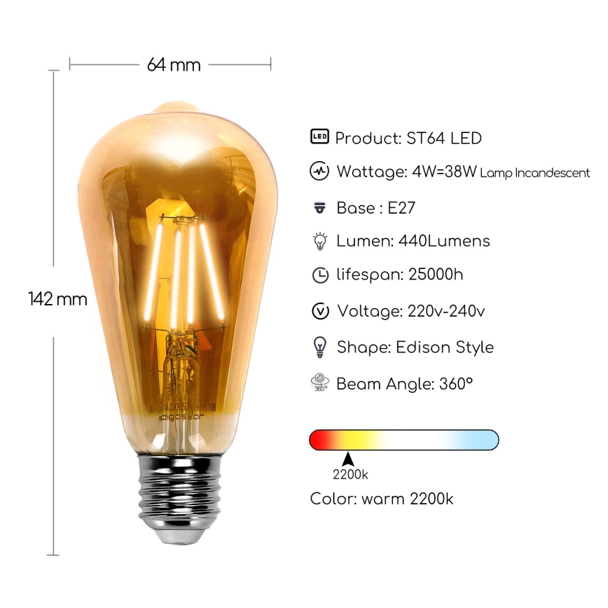 LED bulb ST64 E27/4W/230V 2200K - Aigostar