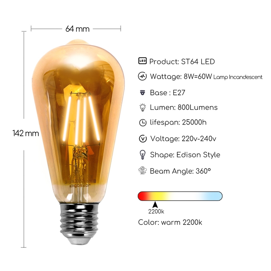 LED bulb ST64 E27/8W/230V 2200K - Aigostar