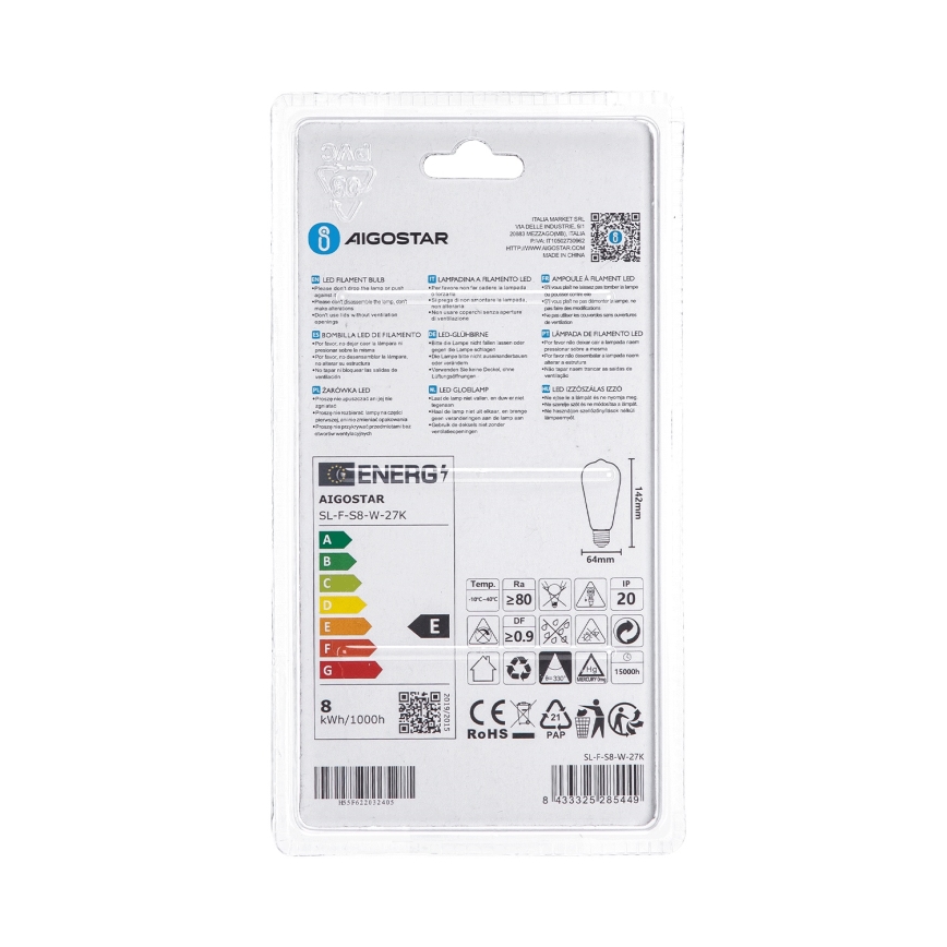 LED Bulb ST64 E27/8W/230V 2700K - Aigostar