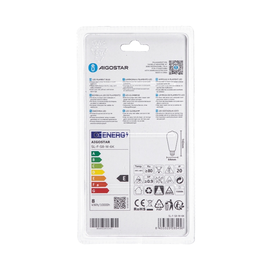 LED Bulb ST64 E27/8W/230V 330° 6500K - Aigostar